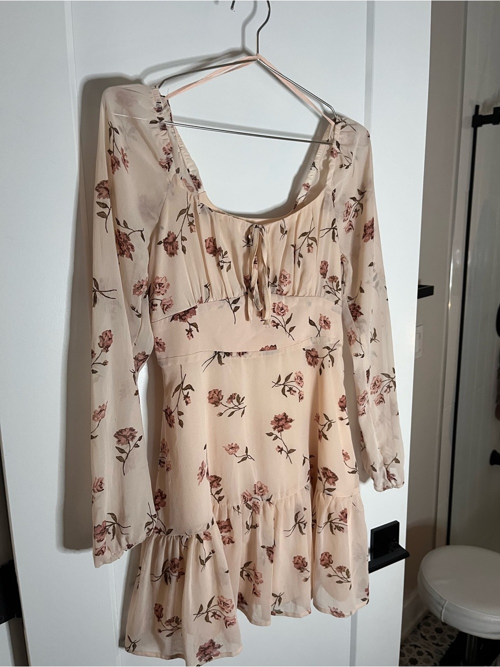Floral Long-Sleeve Babydoll Dress in Blush